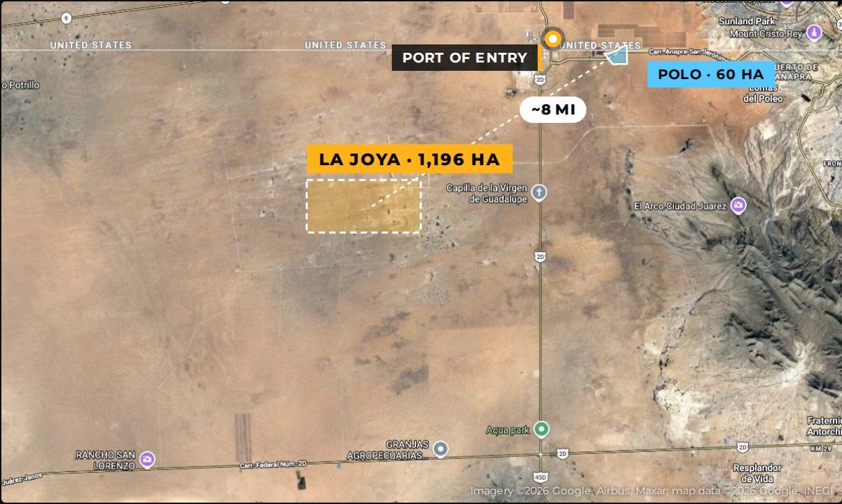 Map comparing La Joya's 1,196 hectares to the 60-hectare federal Polo de Desarrollo, about 8 miles from the port of entry
