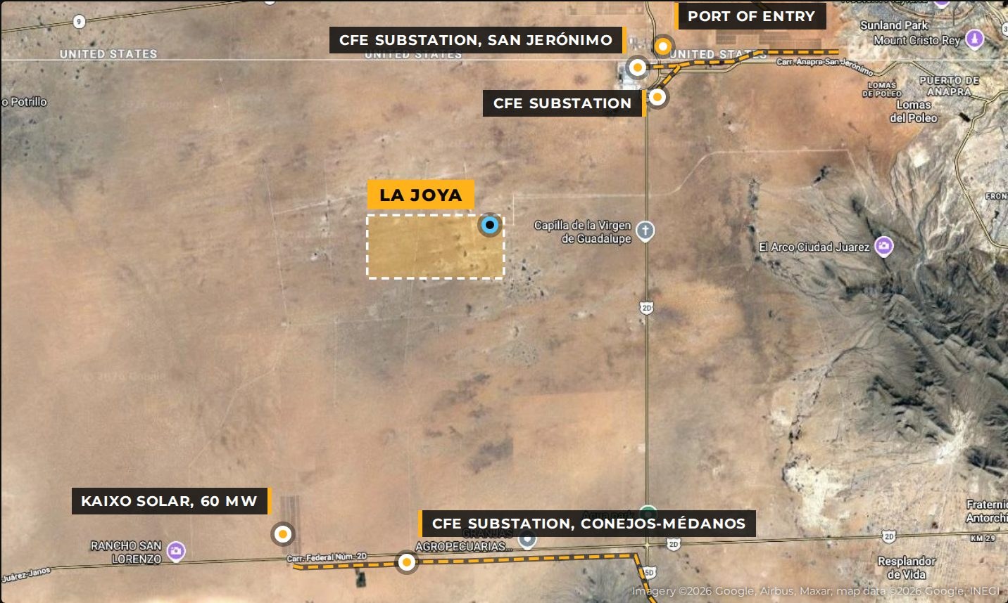 Power and water map: CFE substations, high-voltage lines, Kaixo solar and the on-site JMAS pumping plant around La Joya