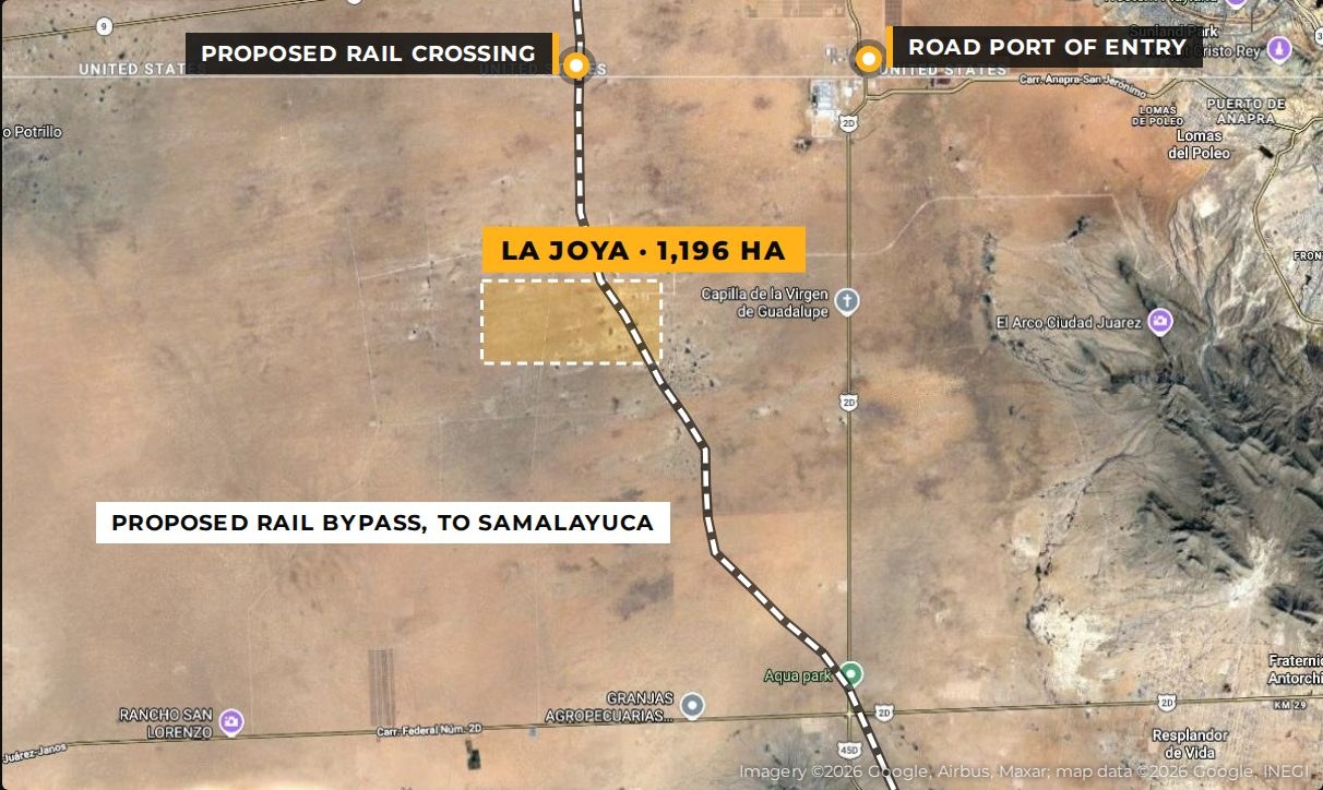 Map of the proposed Samalayuca-Santa Teresa rail bypass and international rail crossing relative to La Joya