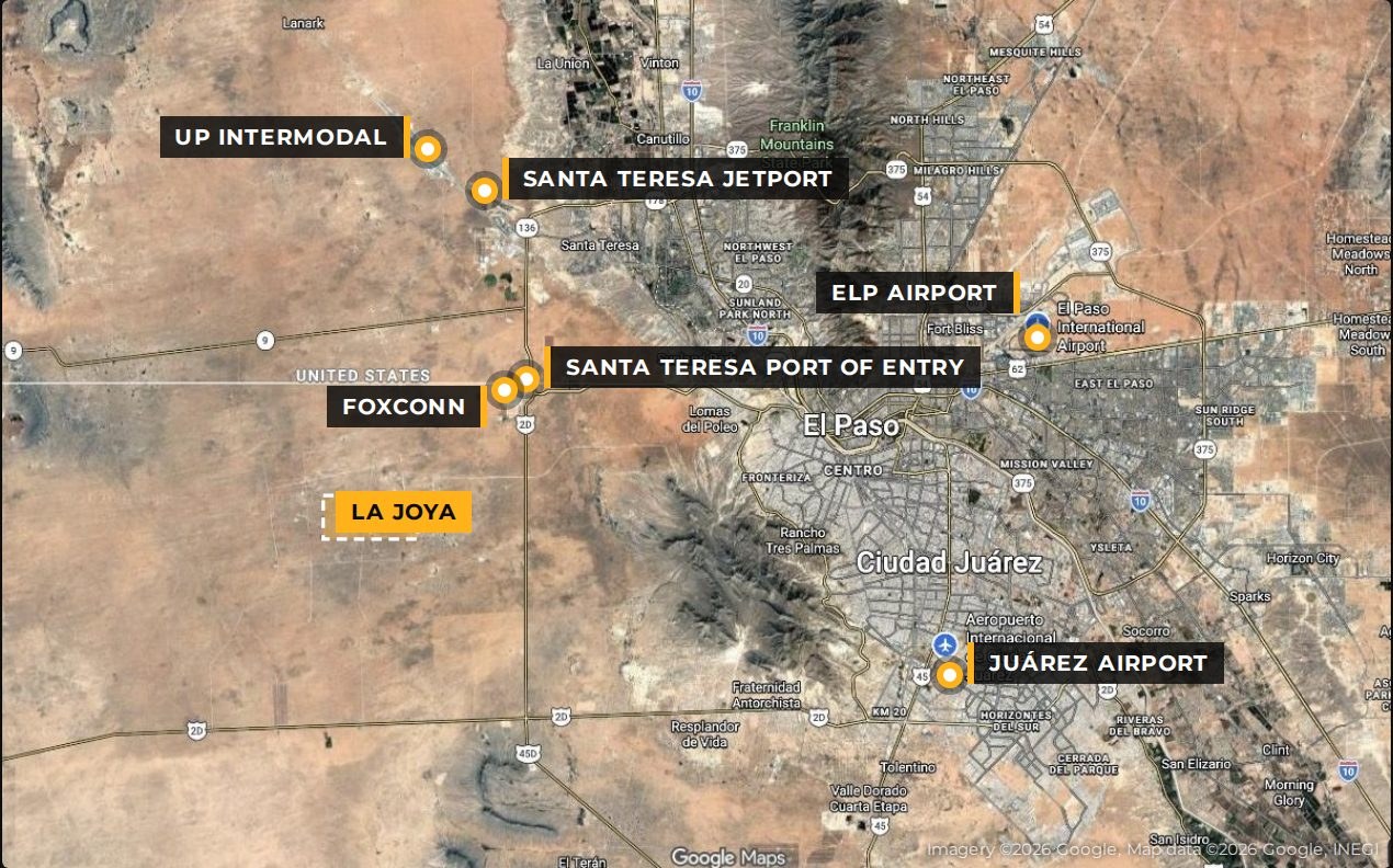 Regional map: La Joya relative to the Santa Teresa port of entry, Foxconn, UP intermodal, the jetport and both airports