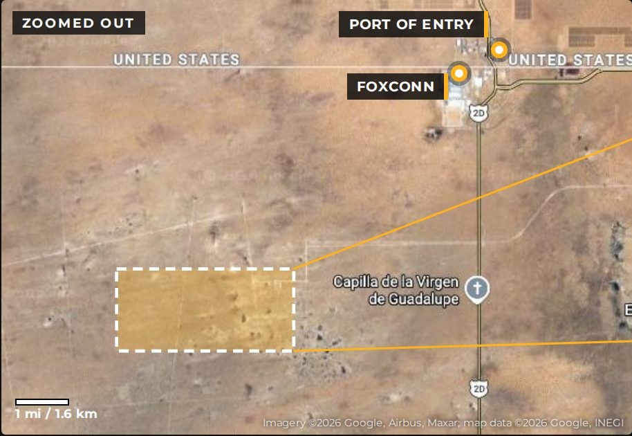 Zoomed-out satellite view showing La Joya relative to the port of entry and Foxconn